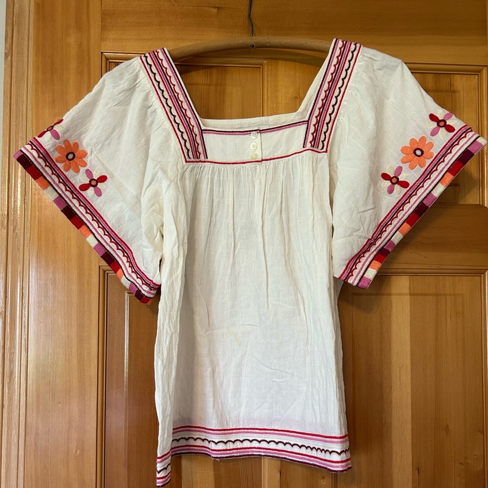 Madewell Cream Blouse with Red and Orange Embroidery
